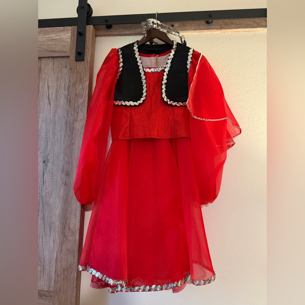 Vintage Handmade Red Costume Kids  Halo & Veil Dance/Pageant Sequins Organza 80s